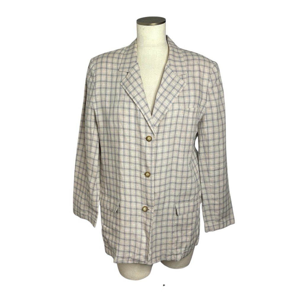 LL Bean Vintage Women’s 100% Linen Plaid Blazer Jacket Beige Blue Check Size 12